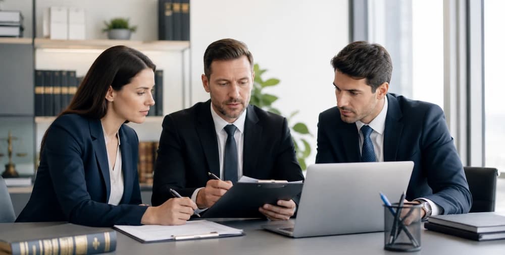 Tres personas de traje leen un documento impreso sobre una mesa, junto a una notebook abierta