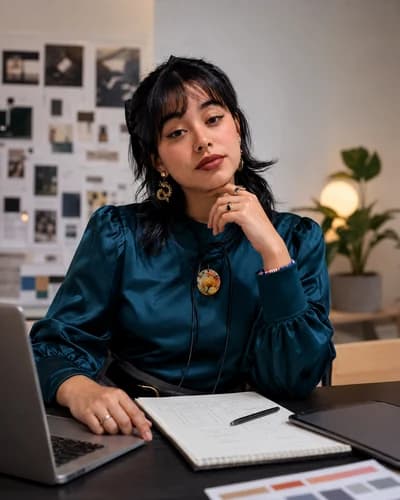 Retrato de Valentina en su escritorio, con un cuaderno de bocetos y un muro de referencias detrás