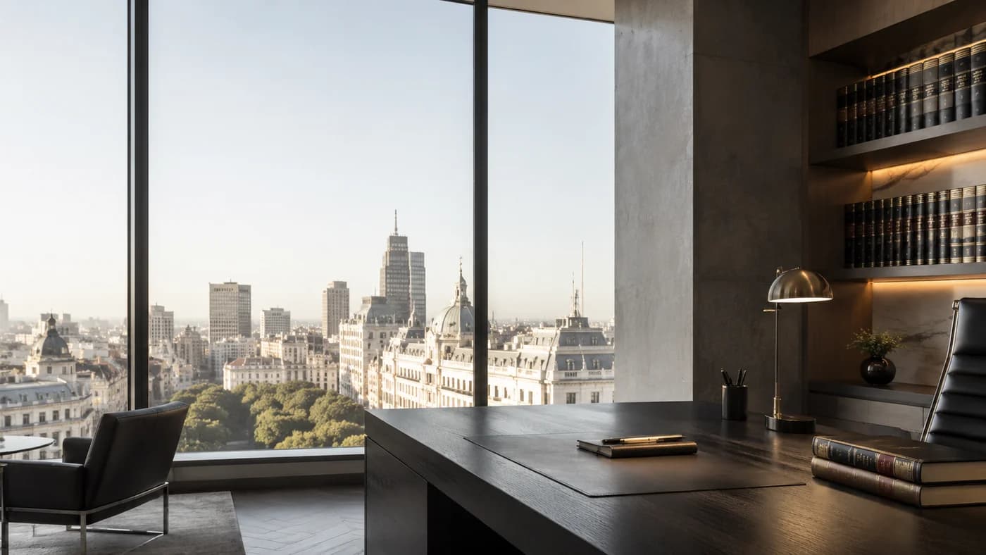 Oficina del estudio con vista a la ciudad de Buenos Aires